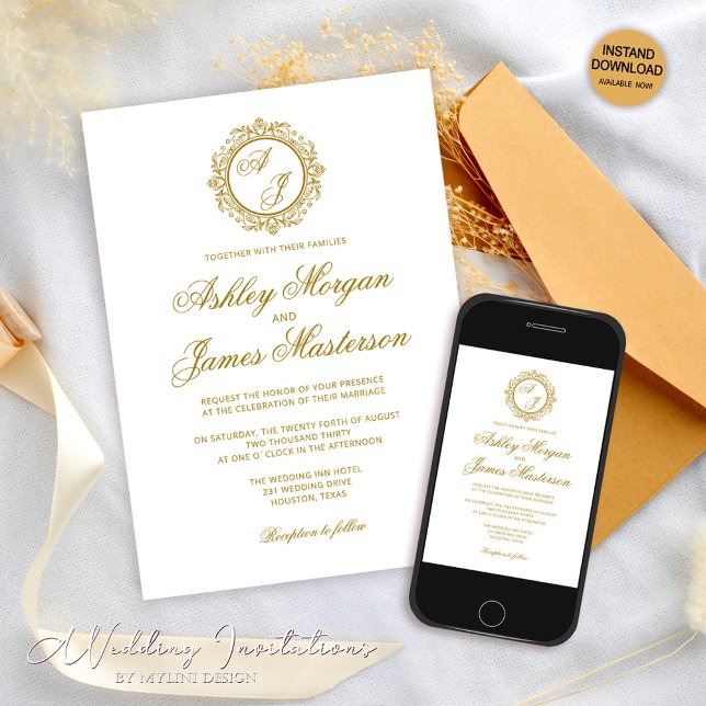 Invitación Elegante Boda blanco del Monograma Dorado Oscuro d (Subido por el creador)
