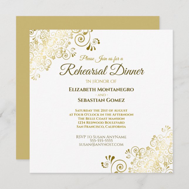 Invitación Elegante Boda blanco dorado para el ensayo de la c (Anverso / Reverso)