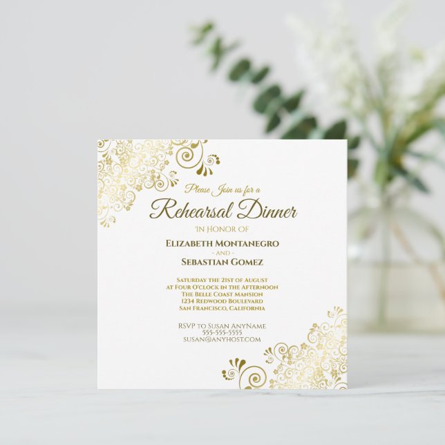 Invitación Elegante Boda blanco dorado para el ensayo de la c (Anverso de pie)