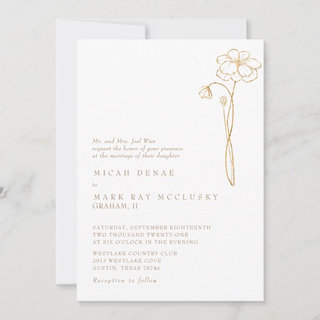 Invitación Elegante Boda blanco floral dorado (Anverso)