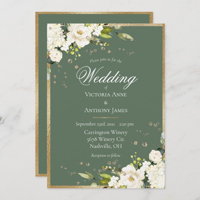 Invitación Elegante Boda blanco floral dorado verde (Anverso / Reverso)