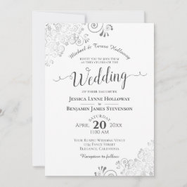 Invitación Elegante Boda blanco formal de encaje gris platead