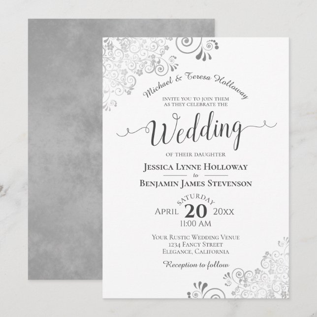 Invitación Elegante Boda blanco formal de encaje gris platead (Anverso / Reverso)