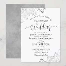 Invitación Elegante Boda blanco formal de encaje gris platead