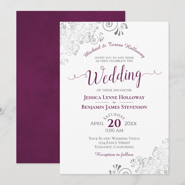 Invitación Elegante Boda blanco formal de encaje plateado y c (Anverso / Reverso)