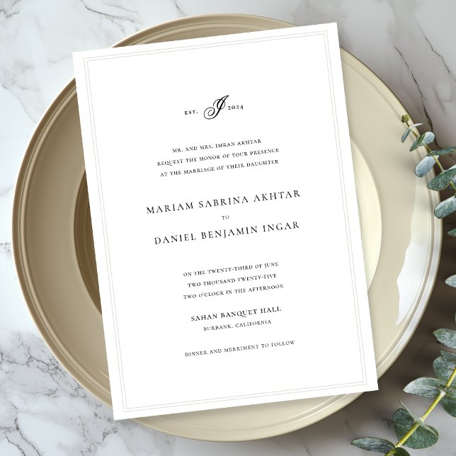 Invitación Elegante Boda blanco monograma de caligrafía simpl (Subido por el creador)