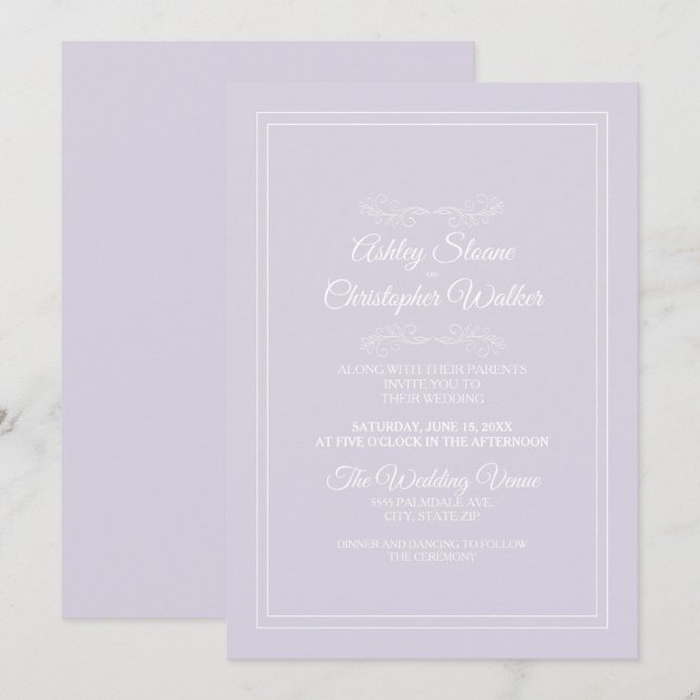 Invitación Elegante Boda blanco morado de Lavanda (Anverso / Reverso)