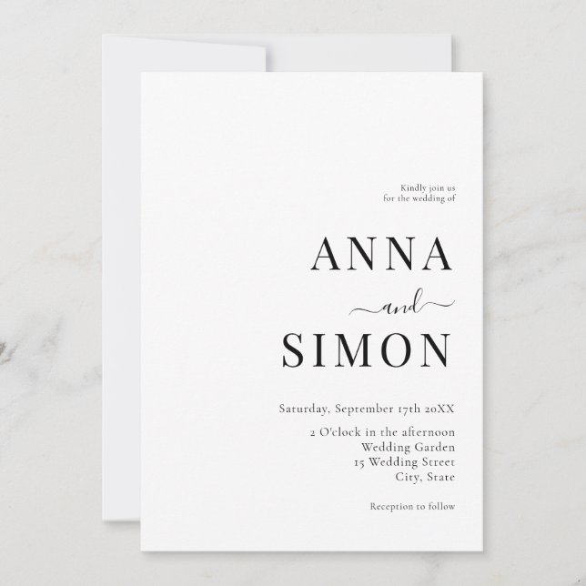 Invitación Elegante Boda blanco negro blanco todo en uno (Anverso)