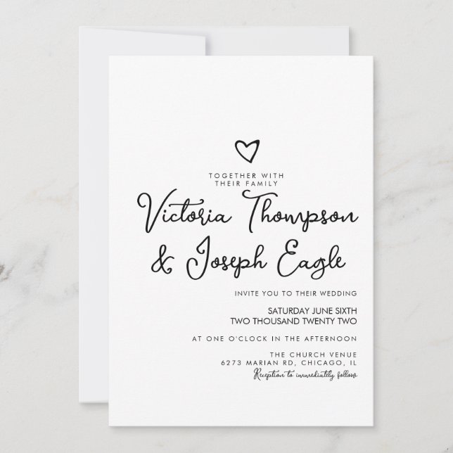 Invitación Elegante Boda blanco negro con escritura moderna (Anverso)