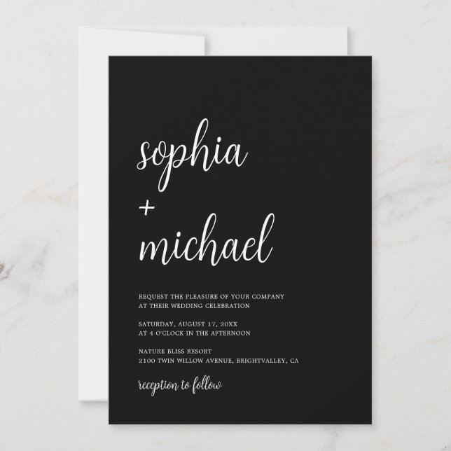Invitación Elegante Boda blanco negro con letras de mano (Anverso)