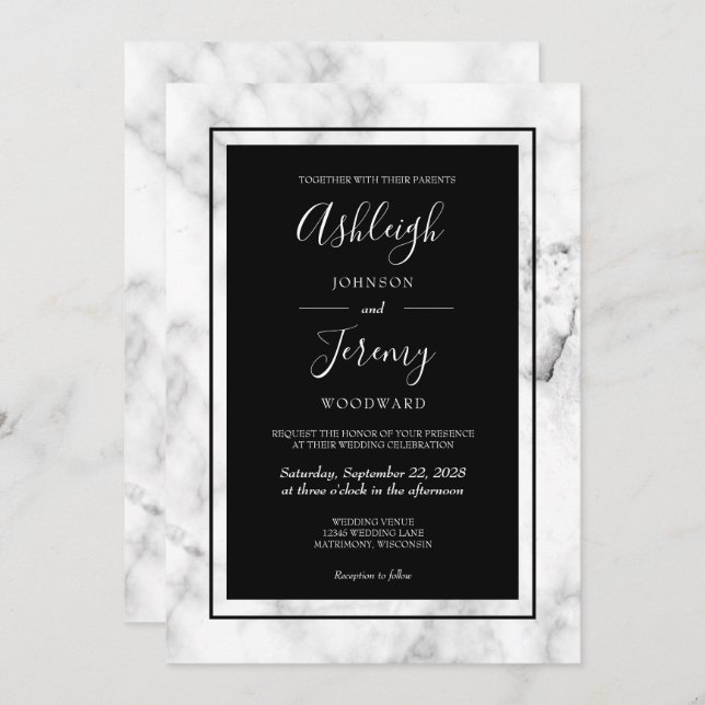 Invitación Elegante Boda blanco negro de mármol moderno (Anverso / Reverso)