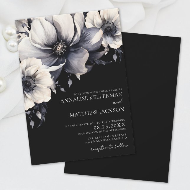 Invitación Elegante Boda blanco negro floral (Elegant Modern White Black Floral Wedding Invitation)