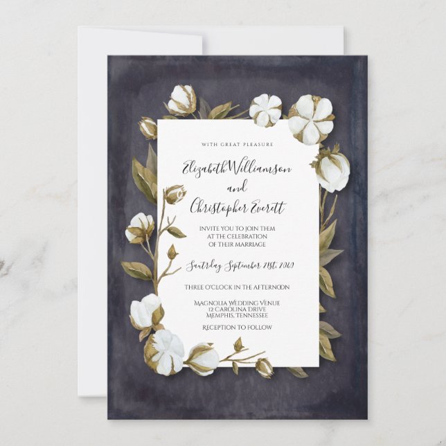 Invitación Elegante Boda blanco negro floral de algodón (Anverso)