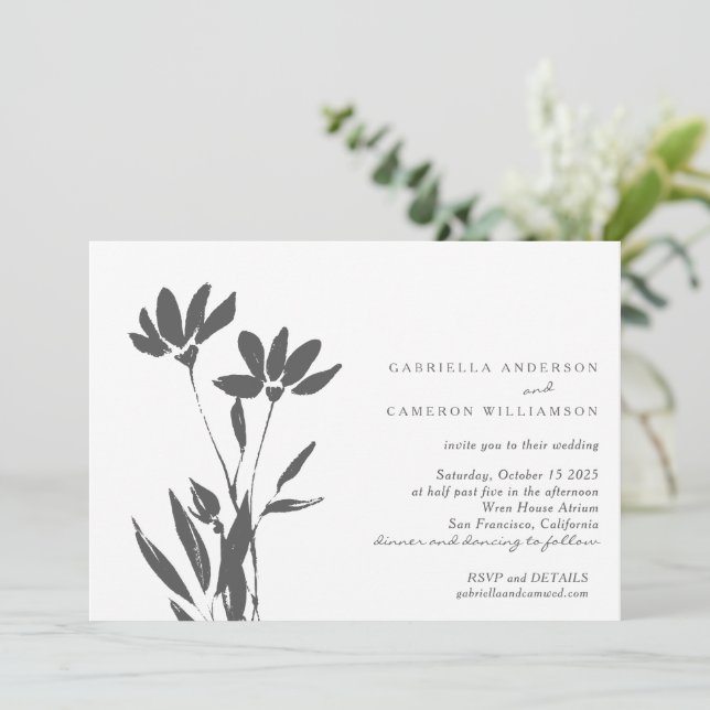 Invitación Elegante Boda blanco negro floral moderno (Anverso de pie)