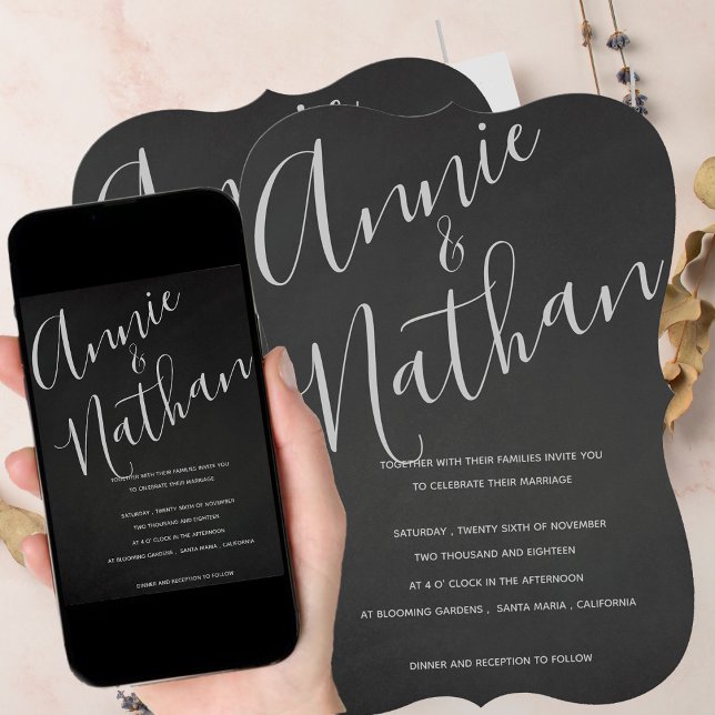 Invitación Elegante Boda blanco negro Minimalista (Minimalist Cute Chalkboard Elegant Script Wedding Invitation)