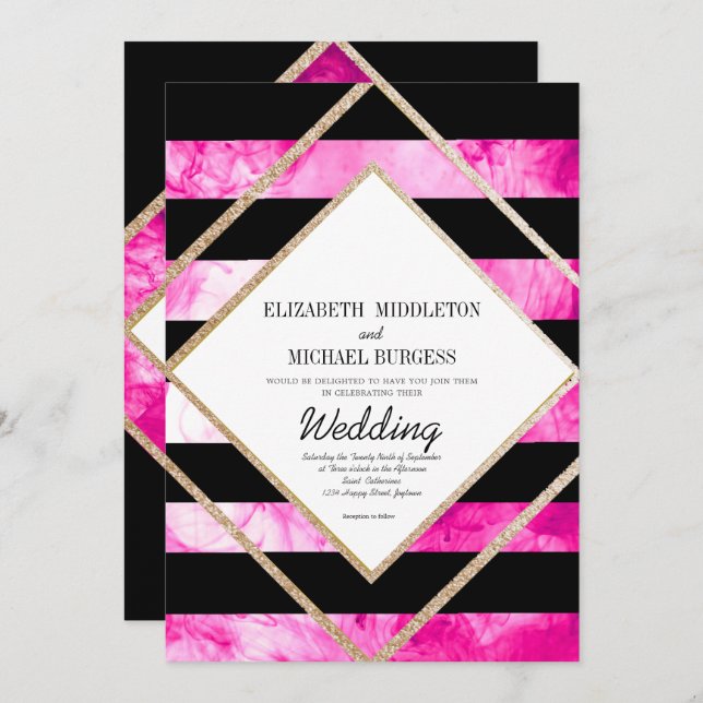 Invitación Elegante Boda blanco negro rosado y dorado cobre (Anverso / Reverso)
