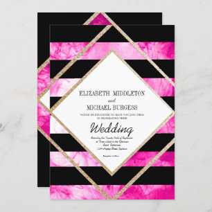 Invitación Elegante Boda blanco negro rosado y dorado cobre