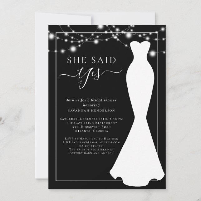 Invitación Elegante Boda blanco negro vestido ducha de novia (Anverso)