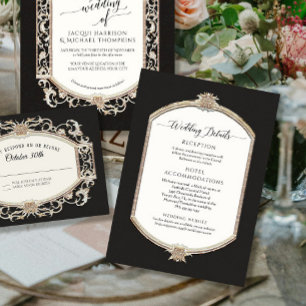 Invitación Elegante Boda blanco negro vintage y dorado