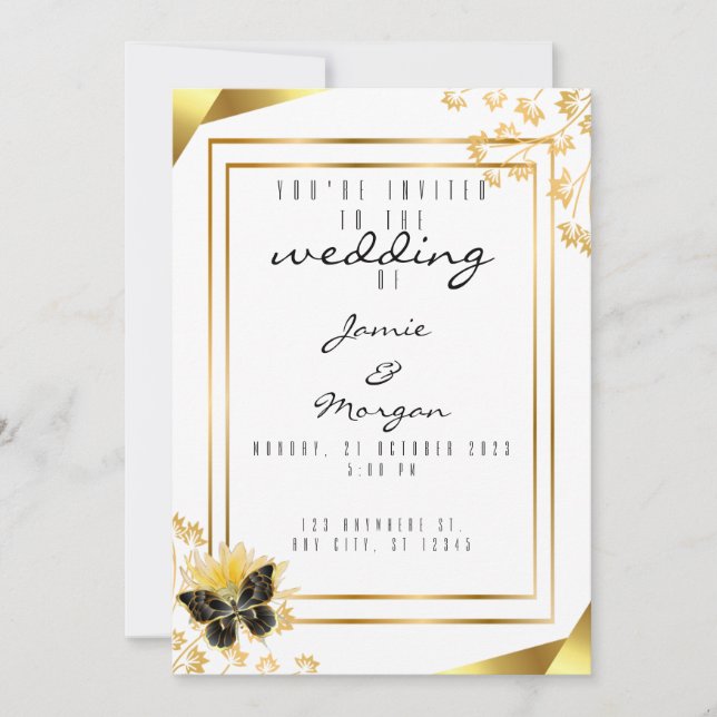 Invitación Elegante Boda blanco negro y mariposa brillante (Anverso)