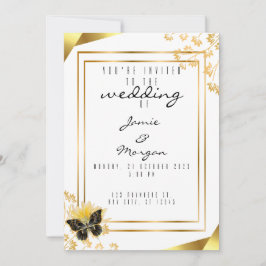 Invitación Elegante Boda blanco negro y mariposa brillante