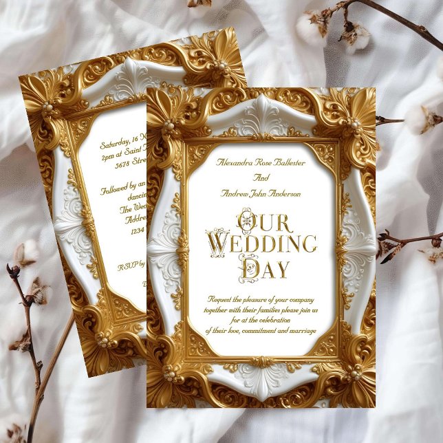 Invitación Elegante Boda Blanco Oro Ornate Placa De Marco (Subido por el creador)