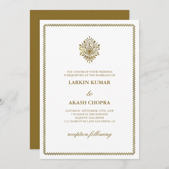 Invitación Elegante Boda Blanco Paisley Dorado (Anverso / Reverso)