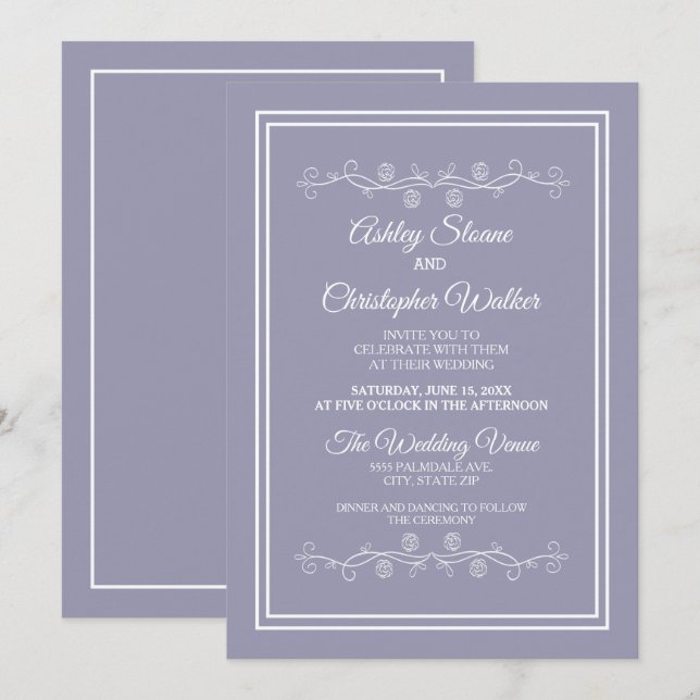 Invitación Elegante Boda blanco púrpura Lilac (Anverso / Reverso)