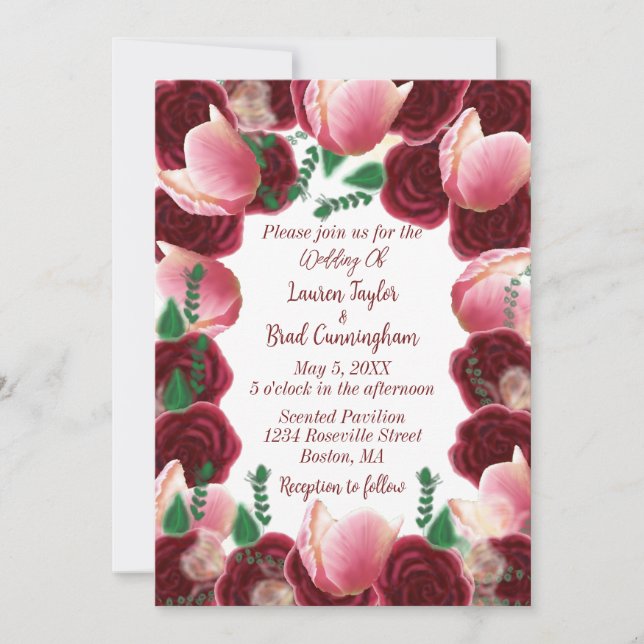 Invitación Elegante Boda blanco rosa de Borgoña y Rubor (Anverso)