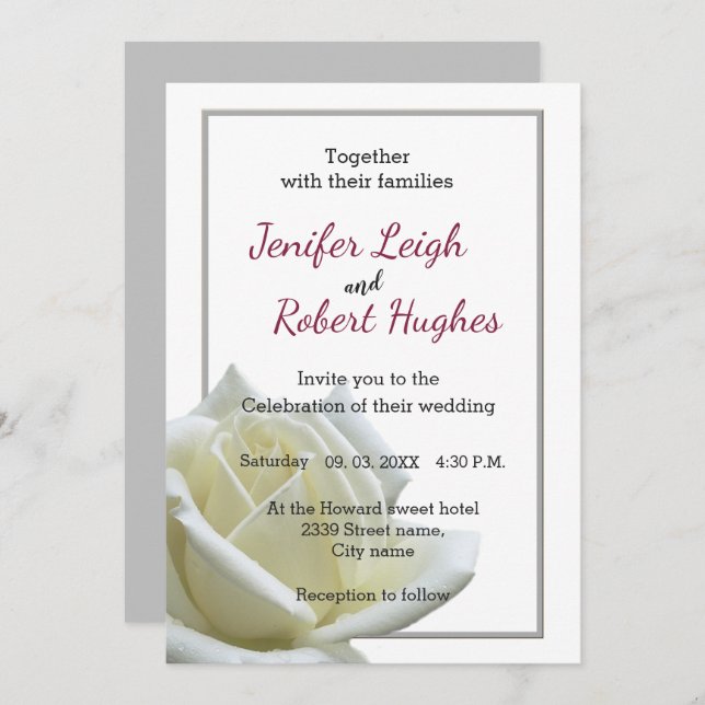Invitación Elegante boda blanco rosa y plata (Anverso / Reverso)
