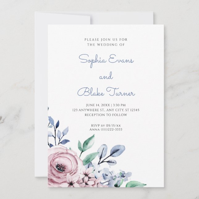 Invitación Elegante Boda blanco rosado y floral azul y turbio (Anverso)