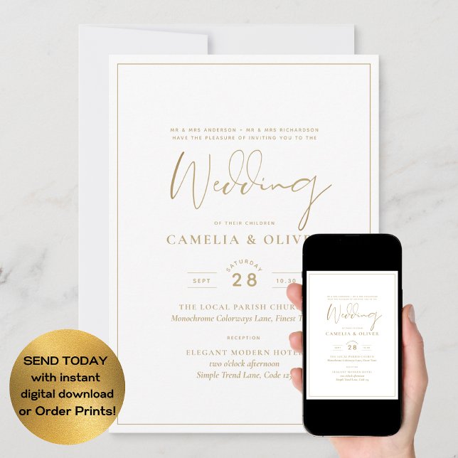 Invitación Elegante Boda blanco todo en 1 de oro clásico (Subido por el creador)