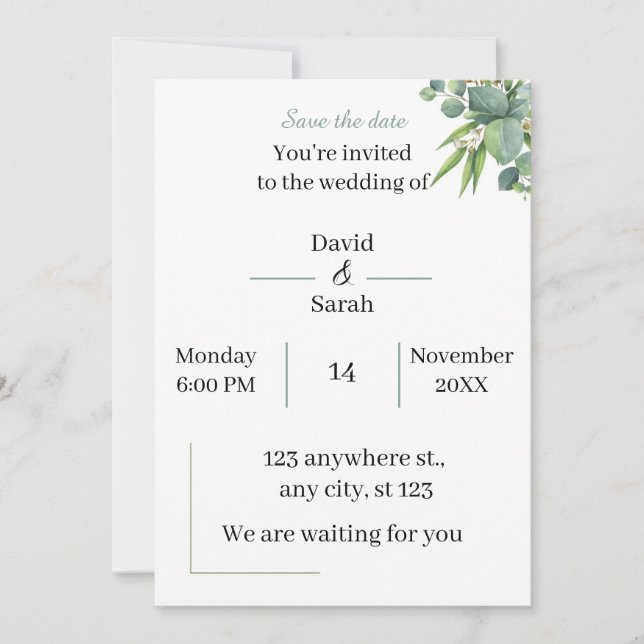 Invitación Elegante Boda blanco verde (Anverso)
