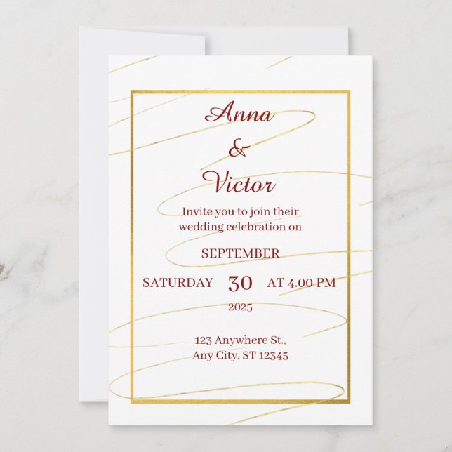 Invitación Elegante Boda blanco y dorado (Anverso)