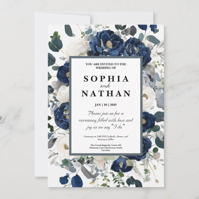 Invitación Elegante Boda blanco y marina floral (Anverso)