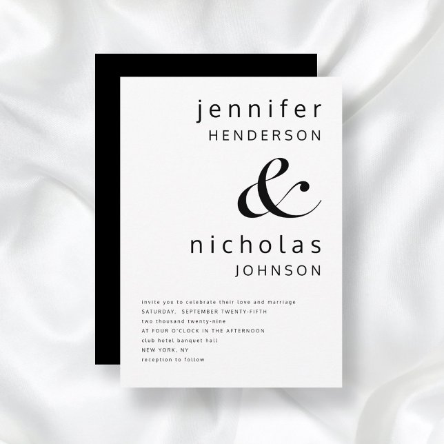 Invitación Elegante Boda Blanco Y Negro (Front/Back Black & White Simple Minimalist Typography Wedding Invitation)