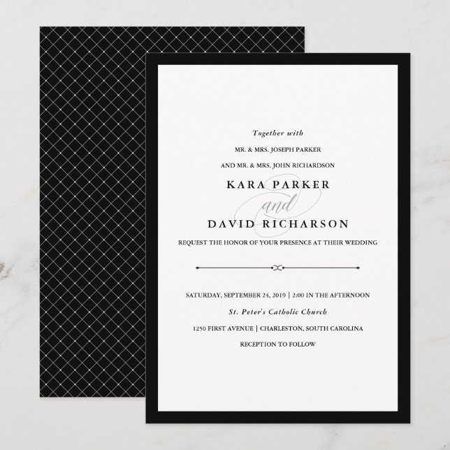 Invitación Elegante | Boda blanco y negro (Anverso / Reverso)