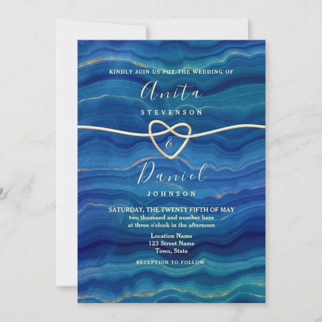 Invitación Elegante Boda Blue Beach Wave Gold (Anverso)