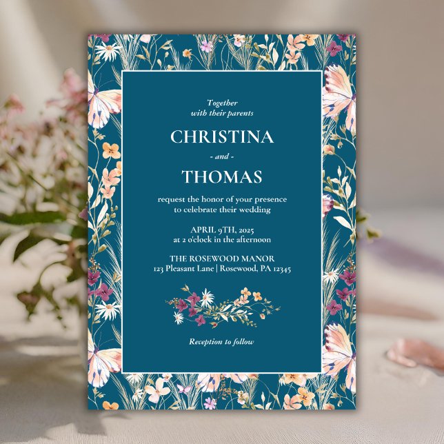 Invitación Elegante Boda Blue Boho Wildflowers (Subido por el creador)