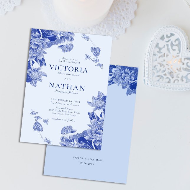 Invitación Elegante Boda Blue Chinoiserie Floral Lotus (Subido por el creador)
