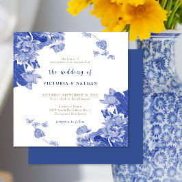 Invitación Elegante Boda Blue Chinoiserie Floral Square