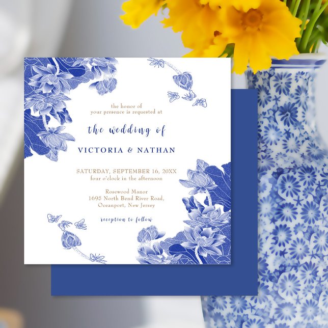 Invitación Elegante Boda Blue Chinoiserie Floral Square (Subido por el creador)