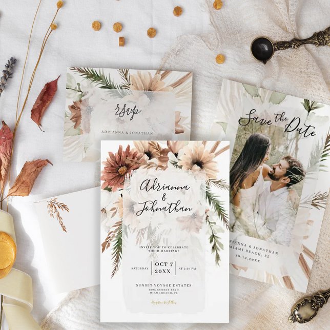 Invitación Elegante Boda bohemiano rústico floral de pampas (Subido por el creador)
