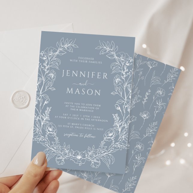 Invitación Elegante boda bohemio de flor azul polvoriento (Subido por el creador)