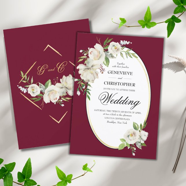 Invitación Elegante Boda Boho Burgundy Floral Gold (ELEGANT CLASSIC BURGUNDY BOHO WHITE ROSES WEDDING INVITATION)
