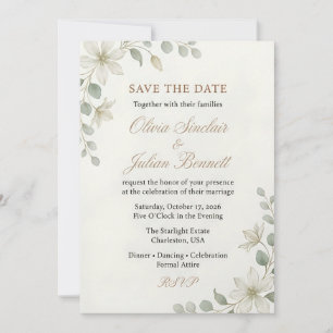 Invitación Elegante Boda Boho con Verde y Floral Beige