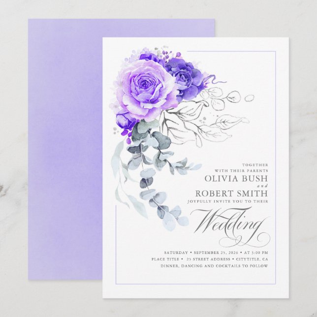 Invitación Elegante Boda Boho de Floral Plata Morada Floral (Anverso / Reverso)