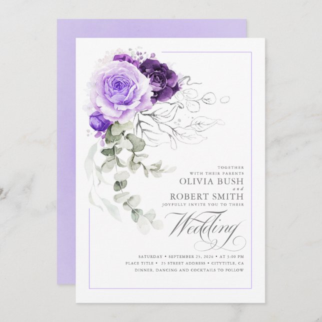 Invitación Elegante Boda Boho de Floral Plata Morada Floral (Anverso / Reverso)