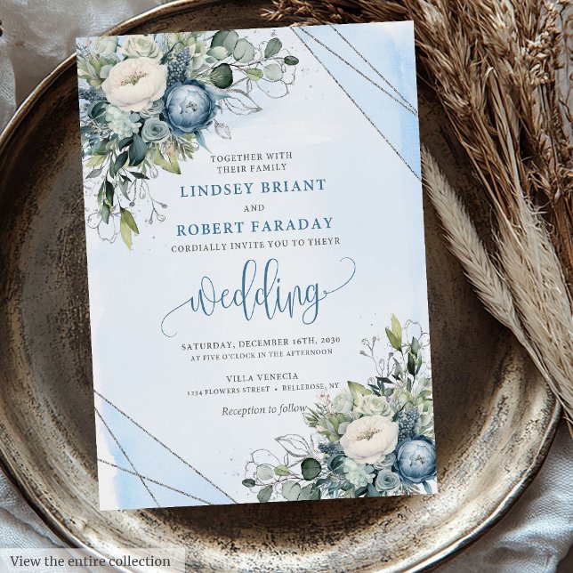 Invitación Elegante Boda Boho Dusty Blue Silver Flores (Elegant Boho Dusty Blue Silver Flowers Wedding Invitation)