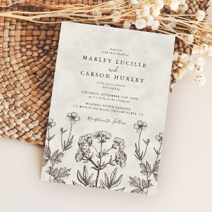 Invitación Elegante Boda Boho Flor Silvestre Textura Blanca